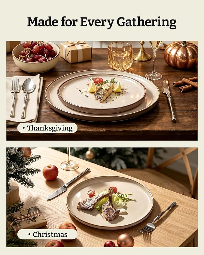 Famiware Milkyway Stoneware Dinnerware Set, 12-Piece, Double Reactive Glaze, Plates and Bowls, Service for 4, Microwave and Dishwasher Safe, Scratch-Resistant, Light khaki