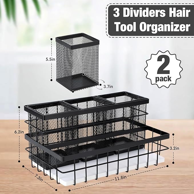 AceOrbit 2 Pcs 1pcs Hair Tool Organizer Countertop Breathable Metal Bamboo Hot Tools Vanity Organizer Under Sink Bathroom Hair Dryer Holder Countertop Brush Comb Holder Tray (White Bamboo,Black)