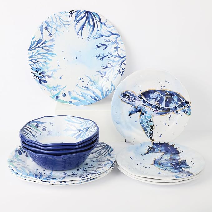 UPware 12 Piece Indigo Sea Life Melamine Dinnerware Sets, Outdoor Dishes Set, Plates and Bowls Sets, Service for 4, Blue