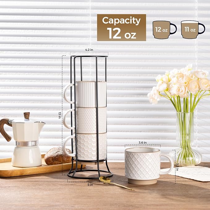 GBhome 12OZ Stackable Coffee Mugs with Stand, Ceramic Coffee Mugs with Texture Patterns for Man,Woman,Dad,Mom, Modern Coffee Cups Set of 4 for Latte/Cappuccino/Cocoa. Dishwasher&Microwave Safe
