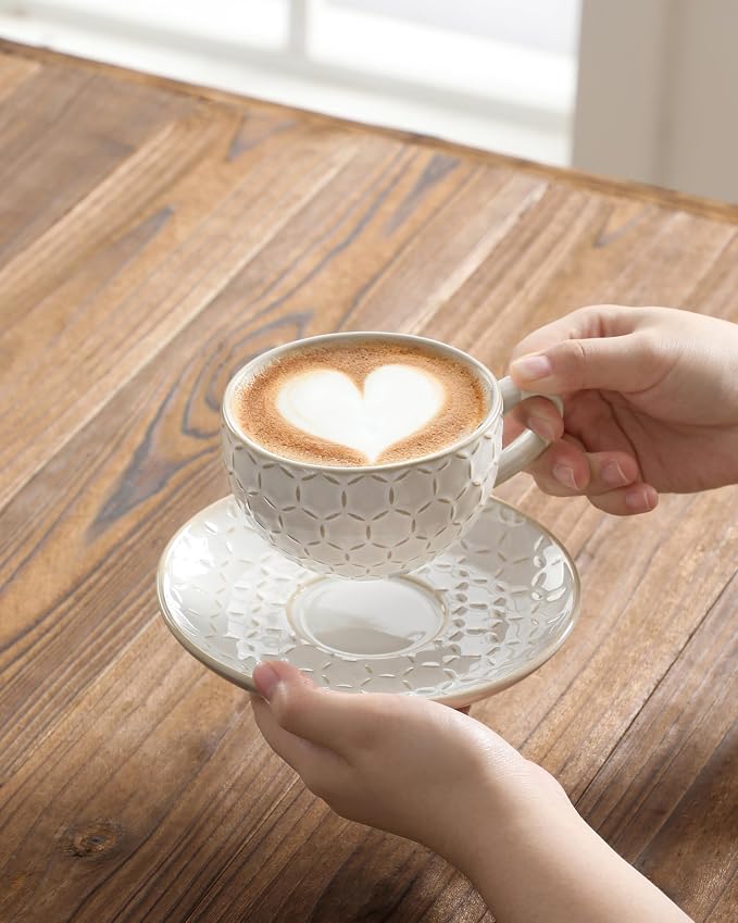 MALACASA 8 OZ Cappuccino Cups with Saucers Set of 4 - Ceramic Stackable Tea Cups and Saucers, Embossment Coffee Mugs for Tea, Latte and Mocha, Dishwasher Safe, Arctic white, LYDIA Series