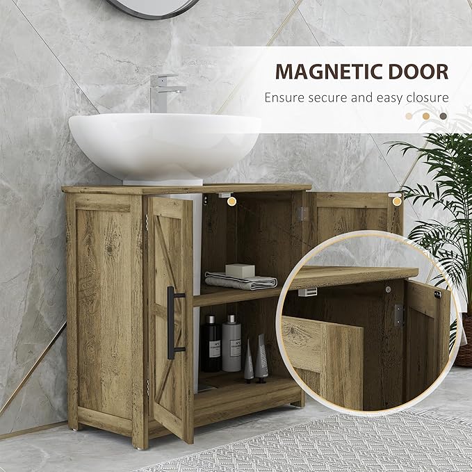 HOMCOM Pedestal Sink Storage Cabinet, Farmhouse Freestanding Bathroom Sink Cabinet with 2 Barn Doors and Adjustable Shelf, Distressed Light Gray