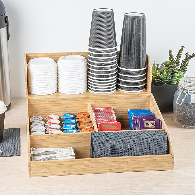 Restaurantware-15 x 14.25 x 9.25 Inch Coffee Condiment Organizer, 1 Countertop Tea Station Organizer - 3 Shelf, Heavy-Duty, Bamboo Coffee Bar Holder, For Breakrooms, Offices, or Homes,