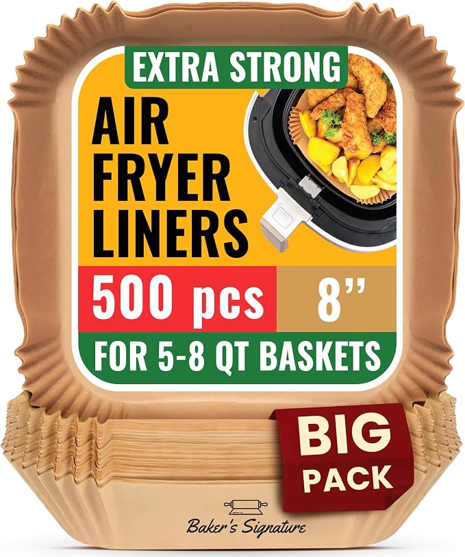 500Pcs Air Fryer Liners Disposable, Non-Stick and Oil Proof for Easy Cleanup Airfryer Liners, 8” Square for 5-8 qt Basket by Baker's Signature