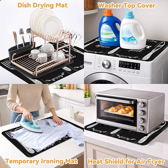 Decorative Stove Top Covers for Electric Stove 28"x20" – Heat Resistant Glass Cooktop Protector Dish Drying Mat – Non-Slip Rubber Backing Washer Top Cover Waterproof Extra Counter Space (Kitchen 2)