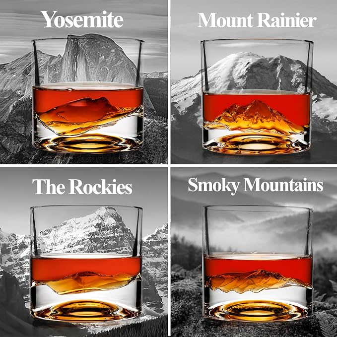 LIITON American Peaks Heavy Crystal Whiskey Glasses Gift Set of 4, Thick Freezable Bourbon Glass 1lb Each, Premium Whiskey Gifts for Men, Frozen Crystal Chills Cocktails Collins Glass, 10 oz