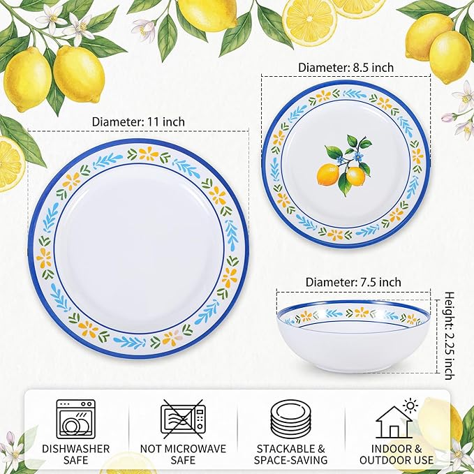 12-Piece Melamine Dinnerware Set - Unbreakable Lemon Dish Set， Indoor and Outdoor Plates and Bowls Sets for Housewarming, Birthday & Holiday Gifts， Service for 4 （Lemon）