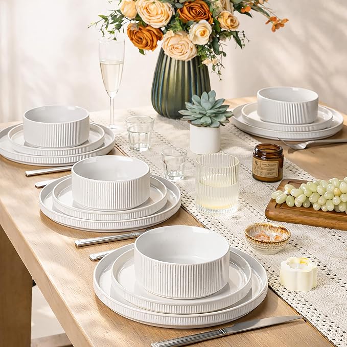GBHOME Stoneware Dinnerware Sets for 4, 12 Pieces Lightweight Ceramic Ribbed Plates and Bowls Set, Reactive Glaze Stackable Plate Sets, Scratch Resistant Dishes, Microwave & Dishwasher Safe,White