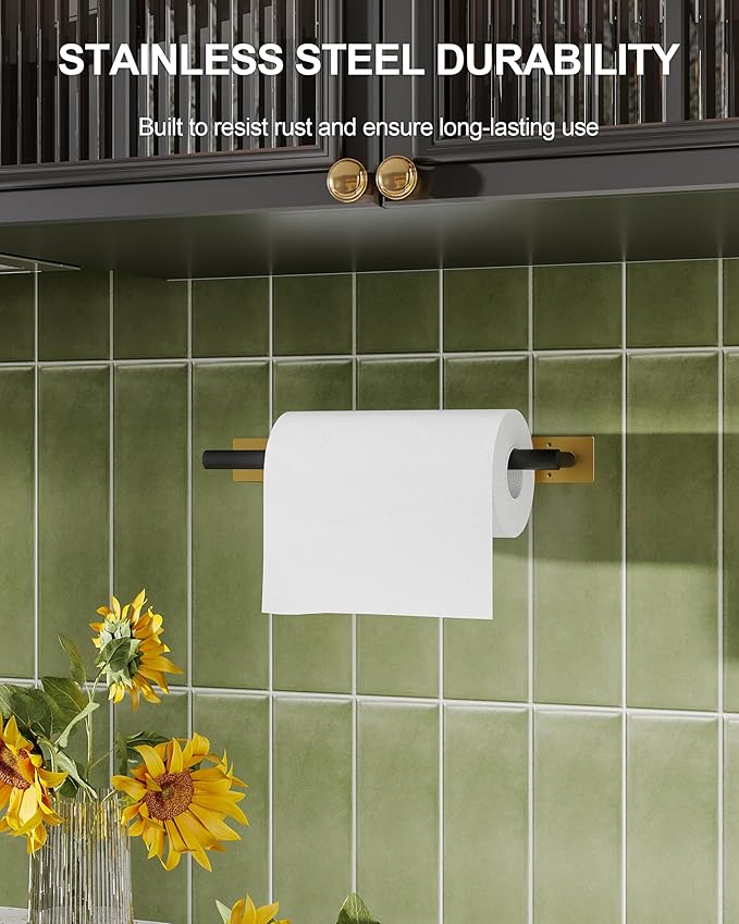 Paper Towel Holder Under Cabinet, Self Adhesive or Wall Mounted SUS304 Stainless Steel Paper Towel Holder Black and Gold for Kitchen, Bathroom, Farmhouse, Barbecue and Laundry (Black&Gold)