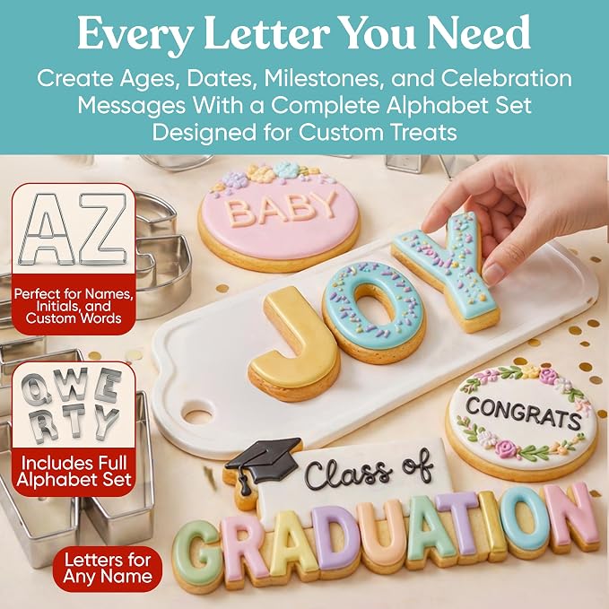 Bakerpan Stainless Steel Big Alphabet Cookie Cutter Set - 26 Large 3.5 Inch ABC Letter Cookie Cutters for Cookies, Biscuits, Fondant, Sandwiches & Cake Decorating + Bonus Dough Cutter