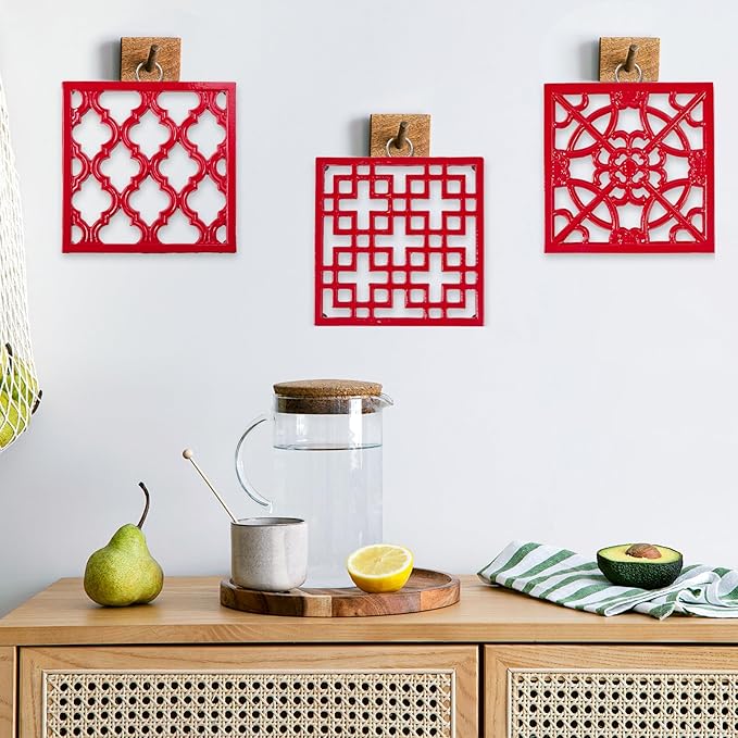 JOGREFUL Cast Iron Trivet Mats, Kitchen Pot Holders to Portect Table/Countertops, Heat Resistant Mats for Teapot/Hot Dishers/Plates, Vintage Mats with Weighted-Base, Grid Red