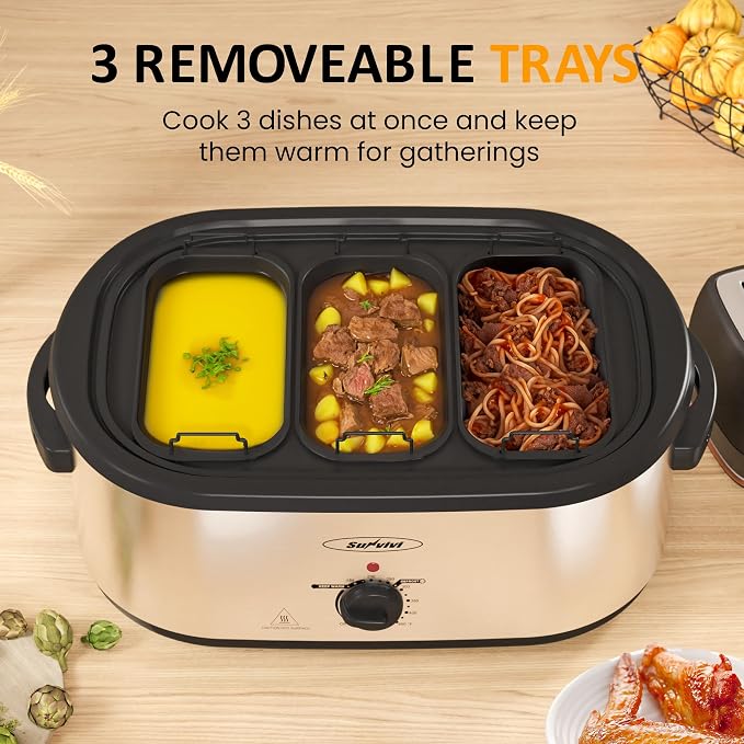 Sunvivi Electric Roaster Oven, Roaster with Removable 3-bin Buffet Server, 20 QT Turkey Roaster Oven with 150-450°F Full-Range Temperature Control, Removable Pan & Rack, Stainless Steel