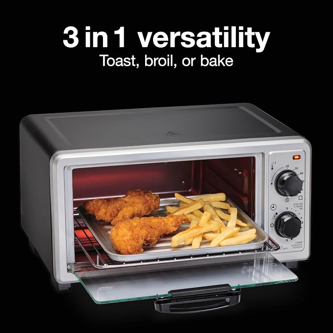 Proctor Silex 4 Slice Countertop Toaster Oven | Bake, Broil, Toast | 200-450⁰F Adjustable Temp | 30 Minute Timer | Automatic Shutoff | Black and Silver | 31260G