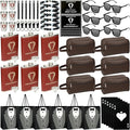 Set 6 Groomsmen Proposal Gifts - Groomsmen Gift Box with Leather Bag，Tuxedo Flask, Funnel，Shot Glasse，Poker Card Bottle Openers, Sunglasses, Pen，Bracelet, Card & Gift Bags for Wedding Party （Brown）