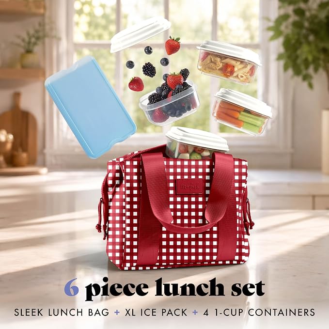 Fit & Fresh Remi Lunch Bag for Women Work – Neoprene Lunch Tote with Containers & Ice Pack, Reusable Meal Prep Lunch Box, Large Capacity, Machine Washable