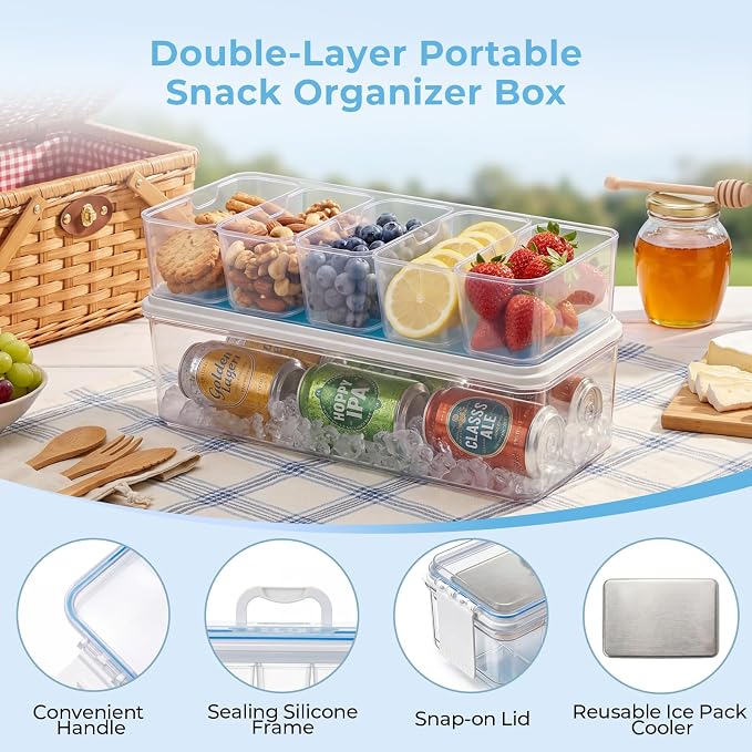 Homelove Snackle Box Container, Snack Organizer Divided Serving Tray with 2 Stainless-Steel Ice Packs, Lid with Handle, Double-layer Tray and 5-Compartment Snack Platter for Travel Party Beach Picnic