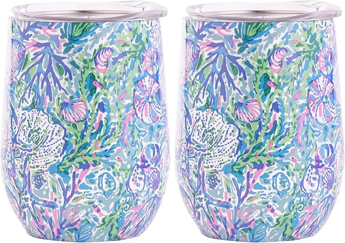 Lilly Pulitzer 12 Oz Insulated Tumbler with Lid, Stainless Steel Travel Wine Glass, Double Wall Metal Cup, Soleil It On Me (Pack of 2)