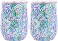 Lilly Pulitzer 12 Oz Insulated Tumbler with Lid, Stainless Steel Travel Wine Glass, Double Wall Metal Cup, Soleil It On Me (Pack of 2)
