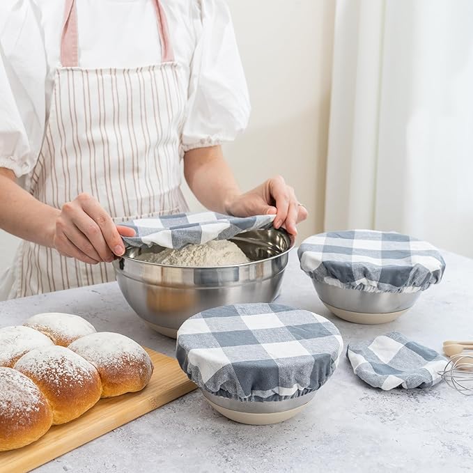 Reusable Cloth Bowl Covers - 100% Cotton Fabric Bowl Covers Set with Elastic to Cover Fruits, Vegetables and Regulate Moisture - Perfect for Salads, Bread & Leftovers (Gray Plaid, 1XL, 1L, 1M, 1S)