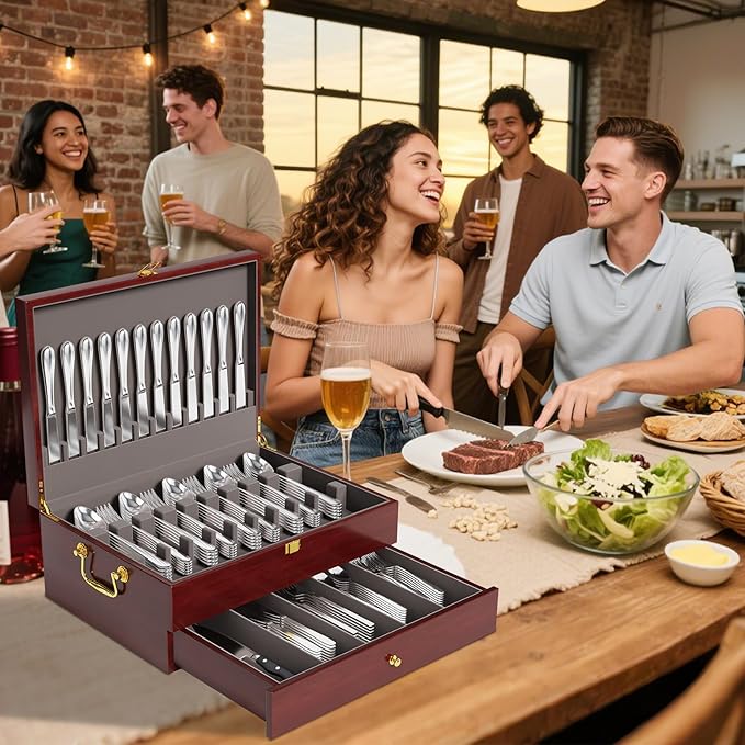 Mahogany Wood Silverware Storage Box,Silverware Case Flatware Chest with Felt Lined,Flatware Storage Box for 12 sets of Utensils（Walnut，2 Tier）