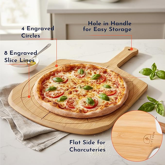 Wooden Pizza Peel 12 Inch Board with Engraved Sizes - Multi-Purpose Bamboo Pizza Cutting Board, Wood Pizza Peel, Pizza Spatula Paddle, and Serving Board with Size and Cutting Guide