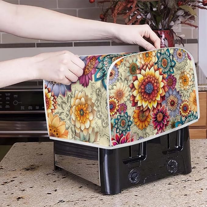 Bright Floral Blender Cover Toaster Cover Boho Mandala Floral 2 Slice Coffee Maker Appliance Covers Washable Cover Anti Fingerprint Protection