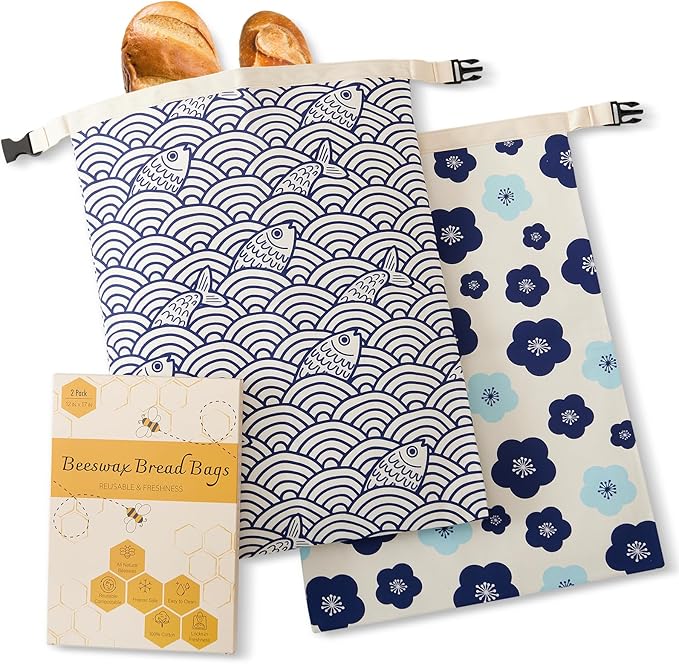 Beeswax Bread Bags for Sourdough, Reusable Bread Bags for Homemade Bread, 2 Pack Natural Cotton Beeswax Storage, Natural Cotton Beeswax Bags, Large Capacity