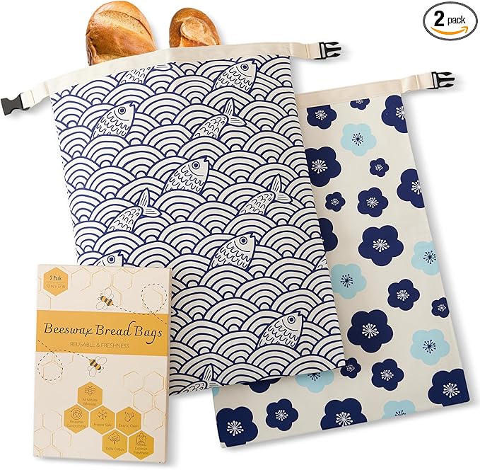 Beeswax Bread Bags for Sourdough, Reusable Bread Bags for Homemade Bread, 2 Pack Natural Cotton Beeswax Storage, Natural Cotton Beeswax Bags, Large Capacity