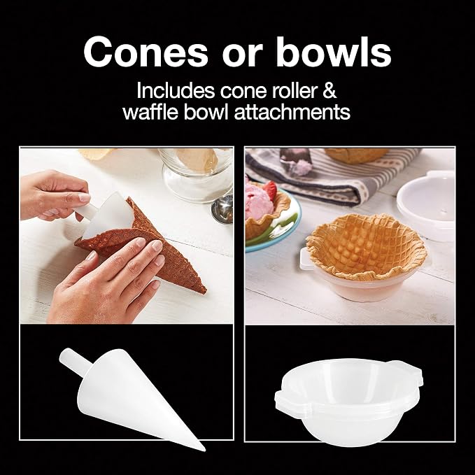 Proctor Silex Waffle Cone and Ice Cream Bowl Maker With Browning Control | Fun And Fast, Cooks In 2-3 Minutes | Includes Cone Shaper Roller & Cup Press | 7.5” PFAS-Free Non-Stick Plates | White