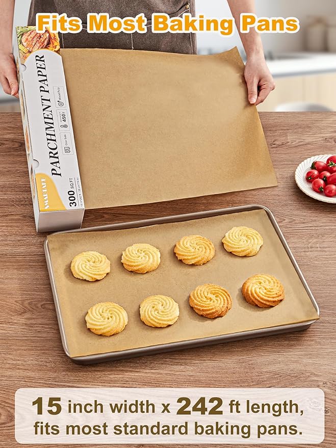 SMARTAKE Parchment Paper Roll for Baking, 15 in x 242 ft, 300 sq.ft, Non-Stick Baking Paper Sheets with Slide Cutter, Heavy Duty Extra Long, for Kitchen Baking Cooking Grilling Steaming, Unbleached