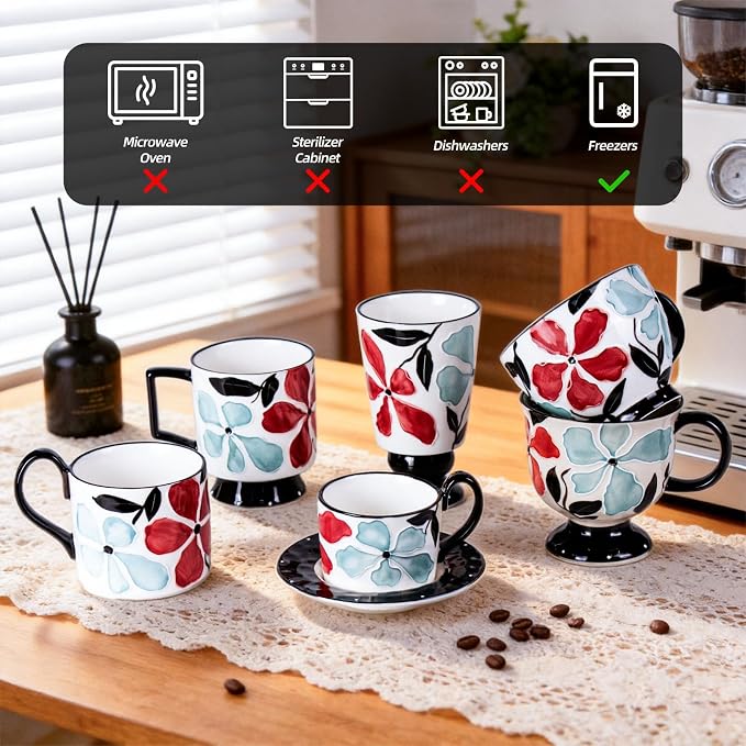KAMMAK Tea Cups and Saucers Set of 2, Porcelain Coffee Cups, 8.5-Ounce Stackable Espresso Mugs, Ceramic Demitasse for Coffee, Latte, Americano, GX21