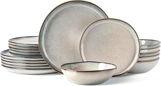 GBHOME Stoneware Dinnerware Sets for 4, 12 Pieces Rustic Earthenware Plates and Bowls Set, Handmade Reactive Glaze Ceramic Plate Sets, Chip Resistant Dishes, Microwave & Dishwasher Safe, Wheat Green