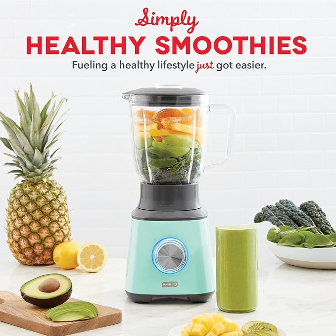 Dash Quest Blender for Smoothies and Shakes - 600W Kitchen Blender with 1.5-Liter Glass Pitcher, Stainless Steel Blades, 3 Speeds + Pulse for Frozen Drinks and Soups-Aqua