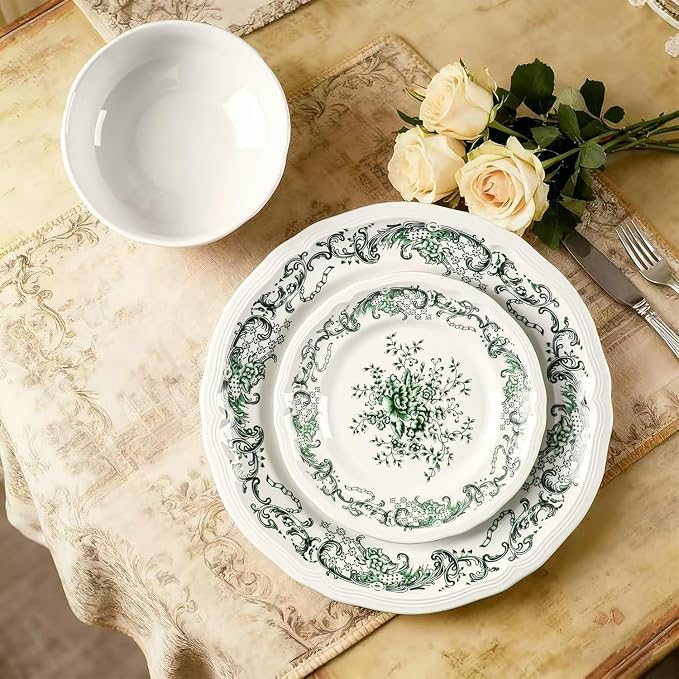 Ceramic Dinnerware Set 12-Piece Scalloped Edge Dish Set for 4 Vintage Floral Elegant Kitchen Dinner Plates Bowls for Daily Use & Party Microwave & Dishwasher Safe