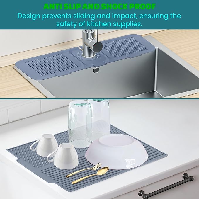 2 Pieces Silicone Faucet Mat for Kitchen Sink and Dish Drying Mat for Multiple Usage , Sink Water Splash Guard , Dish Mat , Draying Mat for Kitchen Counter-Grey