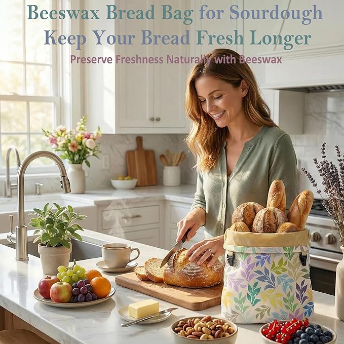 2 Pack Reusable Beeswax Bread Bags for Homemade Sourdough, XL 17"x13" Natural Cotton Beeswax Linen Food Storage Bags, Freezer Safe to Keep Loaves Fresh Longer, Ideal Gift for Bakers
