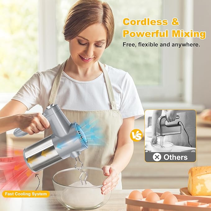 Cordless Electric Hand Mixer, 7 Speed Rechargeable Wireless Handheld Mixer with Eject Button, Long Battery, Quiet Anti-Splash, 6×304 Stainless Steel Attachments & Storage Base for Baking (Silver)