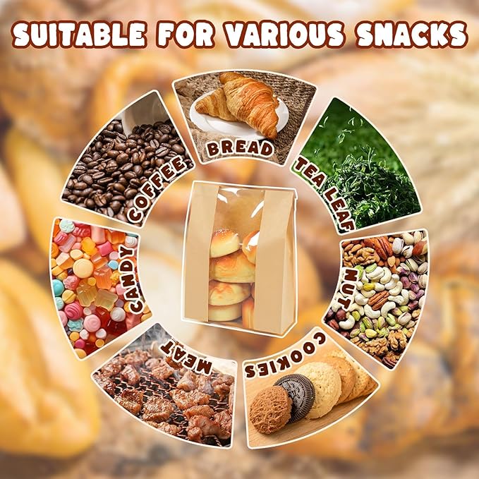 300 Packs Paper Bread Bags for Homemade, Sourdough Bread Bags with Clear Window Includes Label Seal 300 Pcs Stickers, Bakery Packaging Storage for Cookies Snack (13.7x8.2x3.5 inch)