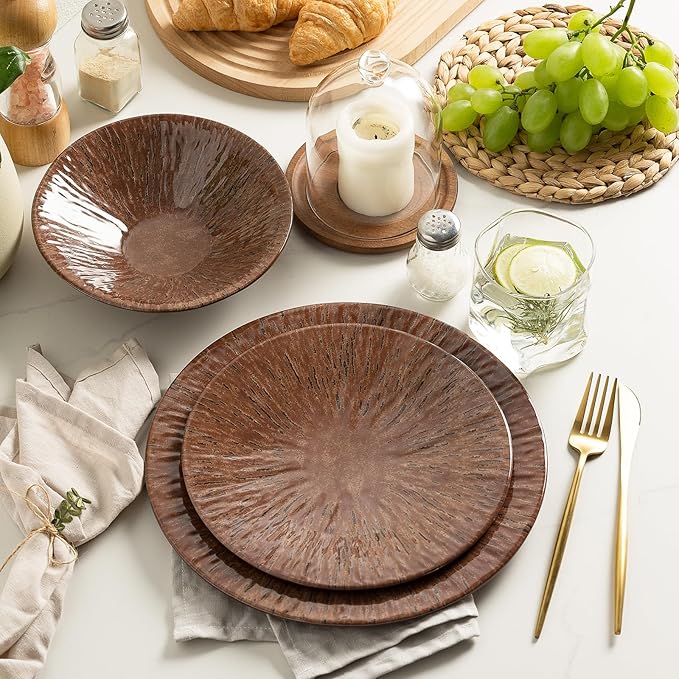 MissYIP 12 Pcs Unbreakable Dinnerware Set - Service for 4, Dishwasher Safe Plates and Bowls - Ideal for Party, Camping, Indoor & Outdoor Use (Brown)