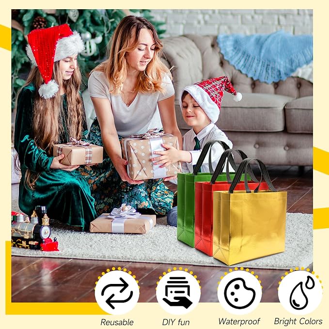 Eccliy Reusable Gift Bags Set Glossy Grocery Gift Tote Bag with Handle for Wedding, Bridal Shower, 4th of July, Summer Event(12 x 11 x 4.7 Inch,Red, Gold, Green,80 Pcs)