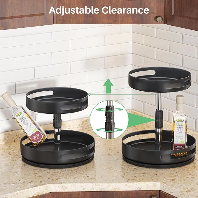 Lazy Susan Organizer Spice Rack - 2 Tier Height Adjustable Spice Organization for Cabinet, Metal Seasoning Organizer Lazy Turntable Spice Organizer for Table Top Pantry Kitchen Storage (10 inch)