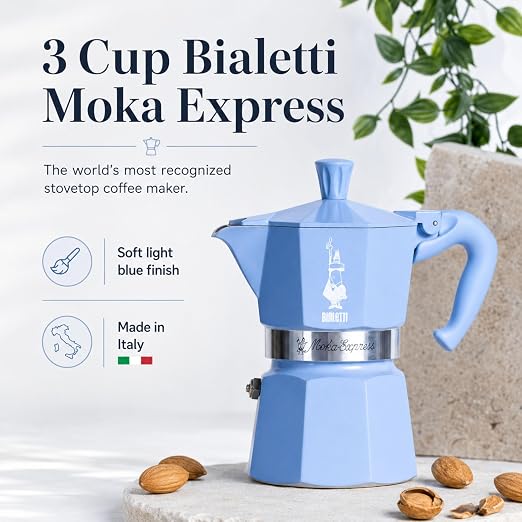 Bialetti Moka Express 3 Cup Light Blue & Almond Ground Coffee Gift Set – Stovetop Espresso Maker with 250g Caffe Macinato Mandorla, 80% Arabica 20% Robusta Medium Dark Roast, Made in Italy