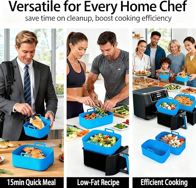 Ninja Silicone Air Fryer Liners - Reusable 8QT Dual Basket DZ201 - Rectangular 2-Pack Vacuum-Packed Easy-Clean Dishwasher-Safe Food-Safe for Home Chefs - Housewarming Gifts