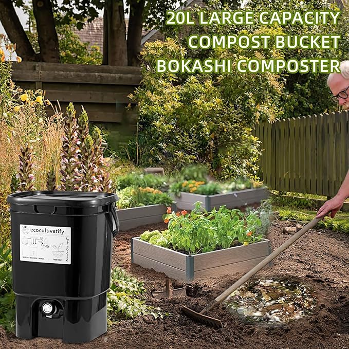 20L Bokashi Compost Bin, 5.28 Gallon Compost Bin for Kitchen Composter with Lid, Bokashi Start Kit with Bran (Tan & Dark Green) (20L/5.28GAL Black)
