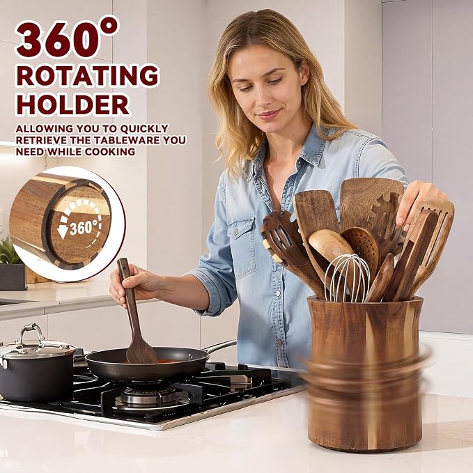 SiliFine 11 Pcs Wooden Kitchen Utensils Set with 360° Trumpet Rotating Holder Acacia Wood Cooking Utensils with Holder Cooking Spoons Spatulas for Nonstick Cookware Countertop Kitchen (Natural)