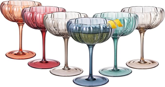 Khen Flower Modern Wavy Glass Coupes Martini, Champagne & Cocktail Coupes - Set of 6-7.7 oz Colorful Cocktail Glasses for Champagne, Prosecco, Mimosa - Copyright Design - Muted Pastel Colors