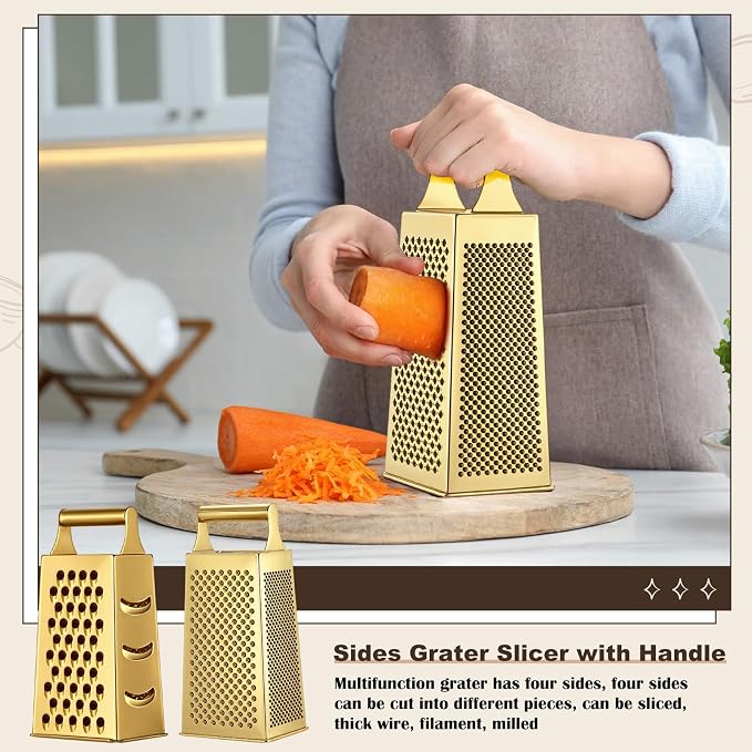 Baderke 6 Pcs Gold Kitchen Accessories Set Includes 3 Gold Mixing Bowls with Airtight Lids Stainless Steel Colander Grater Slicer and Fine Mesh Strainer(Mixing Bowls: 2.8/3.7/5 Qt, Colander: 4 Qt)
