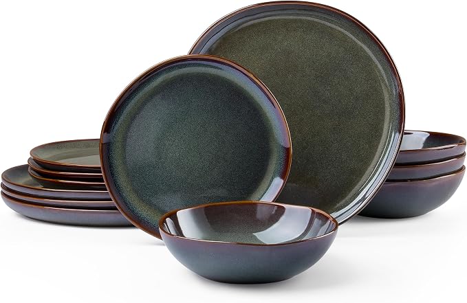 HaWare Stoneware Dinnerware Set, 12-Piece for 4, Reactive Moss Green | Stoneware, Hand-painted rim, Irregular, Scratch Resistant, Microwave &Dishwasher Safe