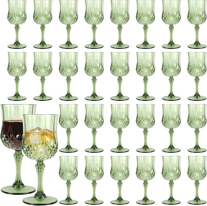 30 Pack Plastic Wine Glasses,10oz Unbreakable Vintage Style Goblets,Reusable Crystal Like Drinking Glass for Wedding Reception, Party Supplies (Sage Green)