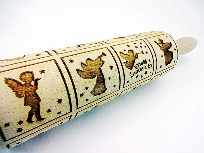 Embossing Rolling Pin for Christmas Cookies, Gingerbread, Shortbread by Algis Crafts (Christmas Angels)